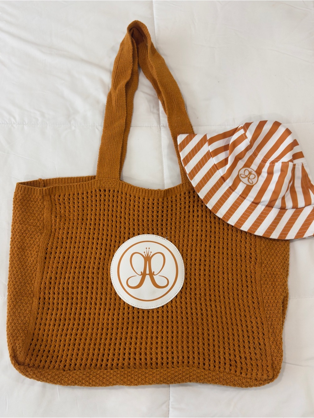 Anastasia Beverly Hills Logo-Emblem Knit Tote & Striped Buckett Hat Set - Rust